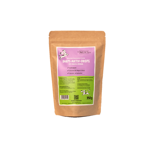 Braune Papierverpackung. Etikette  mit Hundesymbol. Marke The Next Best und Produktnamen: Darm-Aktiv-Drops-350g. 