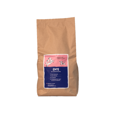 Großer brauner Futtersack von The Next Best mit der Sorte Ente und Süßkartoffel. Hochwertiges Hundefutter mit hohem Fleischanteil, ohne Getreide, künstliche Farb-, Aroma- und Konservierungsstoffe.