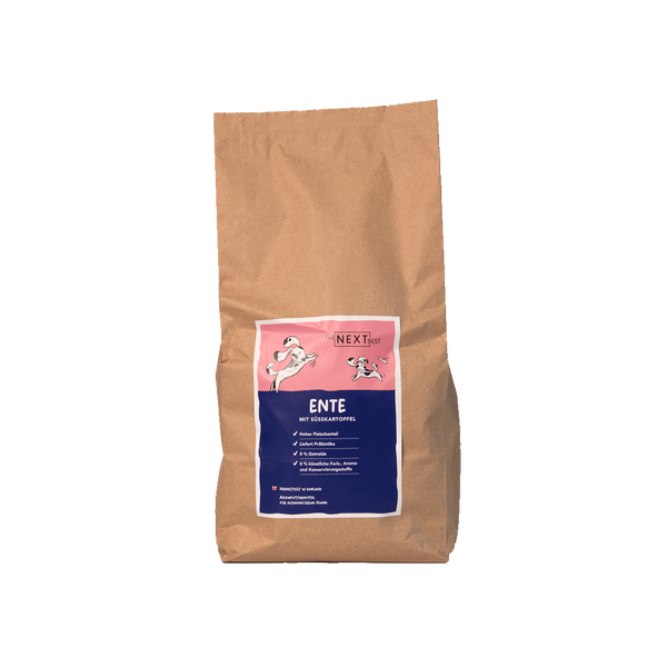 Großer brauner Futtersack von The Next Best mit der Sorte Ente und Süßkartoffel. Hochwertiges Hundefutter mit hohem Fleischanteil, ohne Getreide, künstliche Farb-, Aroma- und Konservierungsstoffe.