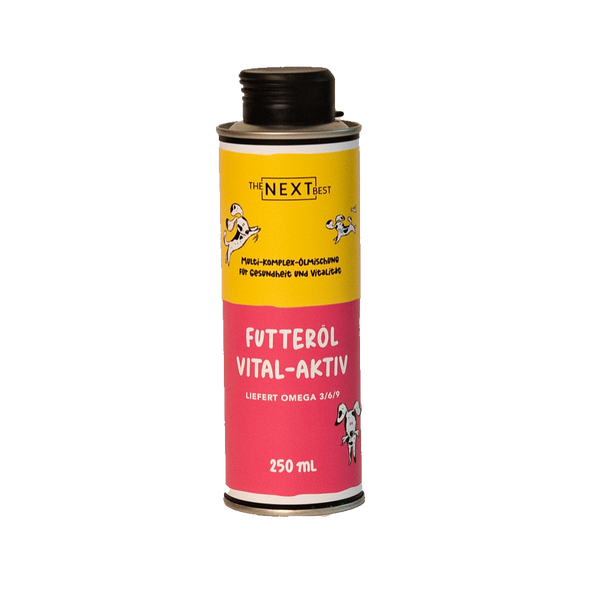 Eine 250 ml Flasche mit Futteröl, beschriftet mit 'FUTTERÖL VITAL-AKTIV', zeigt eine pinke und graue Farbgestaltung. Auf der Flasche sind grafische Darstellungen von Hunden und Katzen.