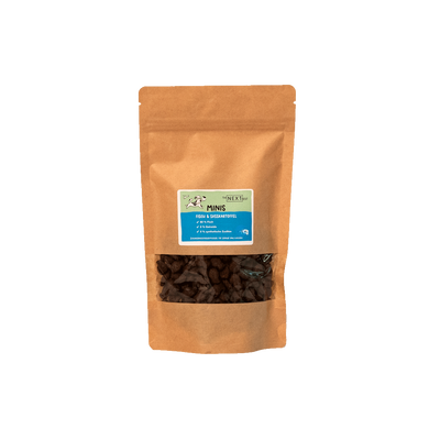 Braune Papiertüte mit Sichtfenster, gefüllt mit kleinen Snacks. Auf dem Etikett steht 'MINIS' und Informationen zu Inhaltsstoffen.
