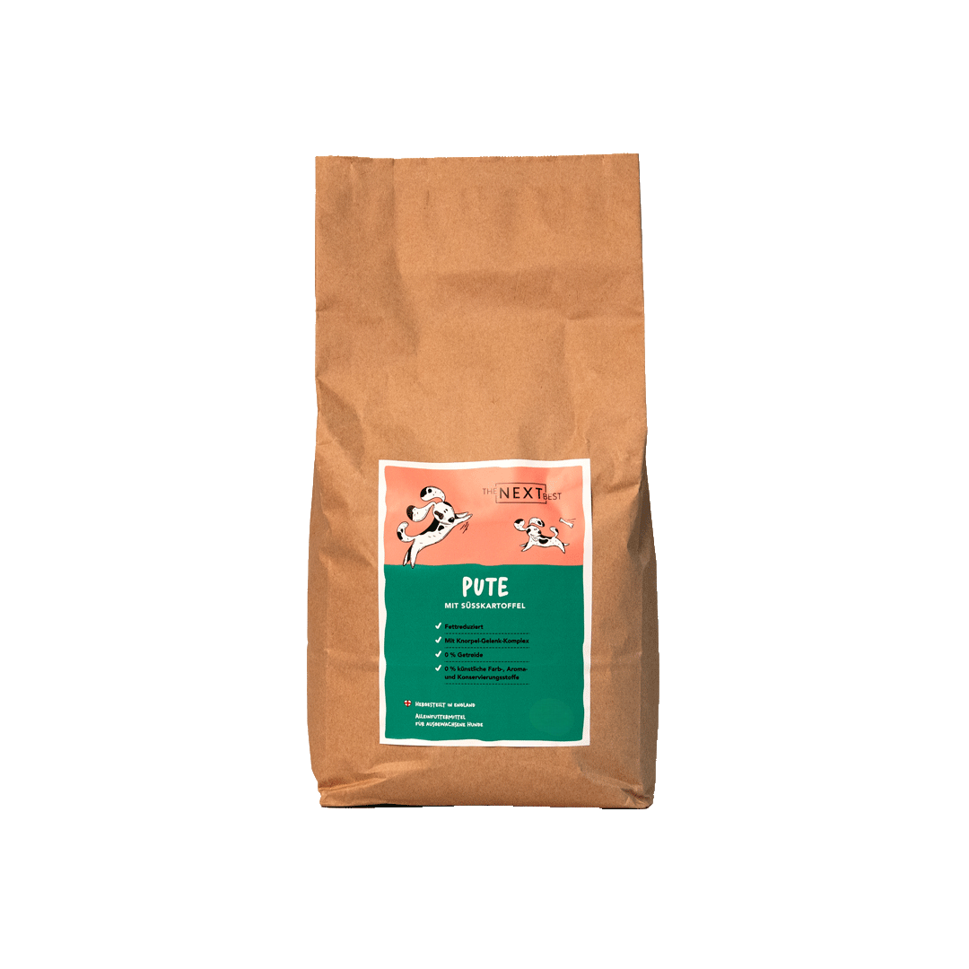 Großer brauner Futtersack von The Next Best mit der Sorte Pute und Süßkartoffel. Hochwertiges Hundefutter mit hohem Fleischanteil, ohne Getreide, künstliche Farb-, Aroma- und Konservierungsstoffe.