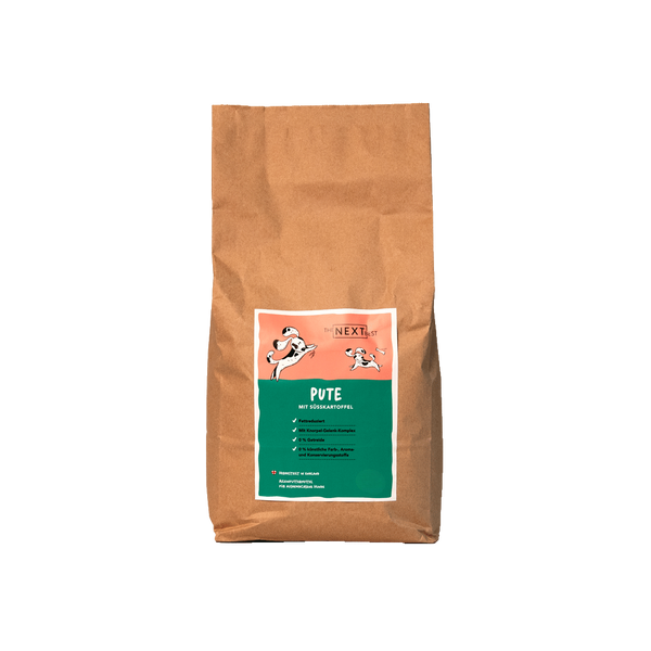 Großer brauner Futtersack von The Next Best mit der Sorte Pute und Süßkartoffel. Hochwertiges Hundefutter mit hohem Fleischanteil, ohne Getreide, künstliche Farb-, Aroma- und Konservierungsstoffe.