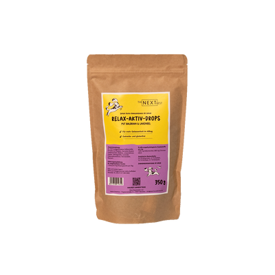 Beutel The Next Best Relax-Aktiv-Drops mit Baldrian und Lavendel, 350 g. Getreidefreie Hundeleckerlis zur Unterstützung von Ruhe und Gelassenheit im Alltag.