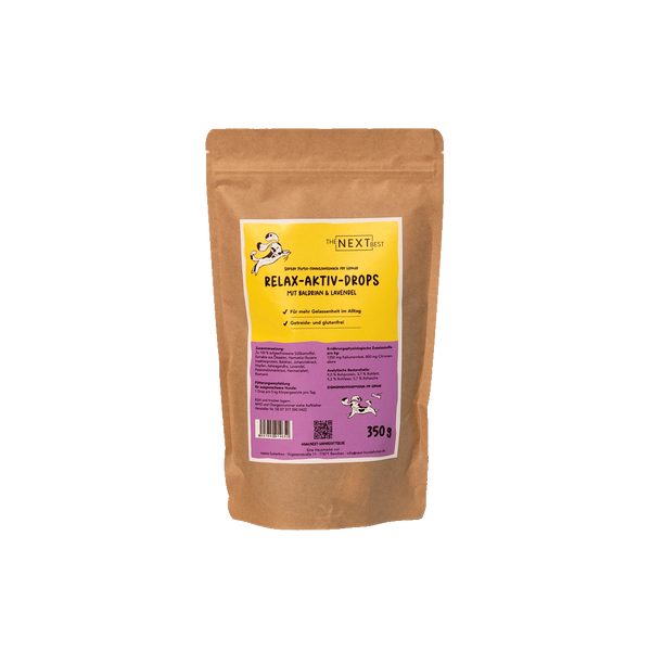 Beutel The Next Best Relax-Aktiv-Drops mit Baldrian und Lavendel, 350 g. Getreidefreie Hundeleckerlis zur Unterstützung von Ruhe und Gelassenheit im Alltag.