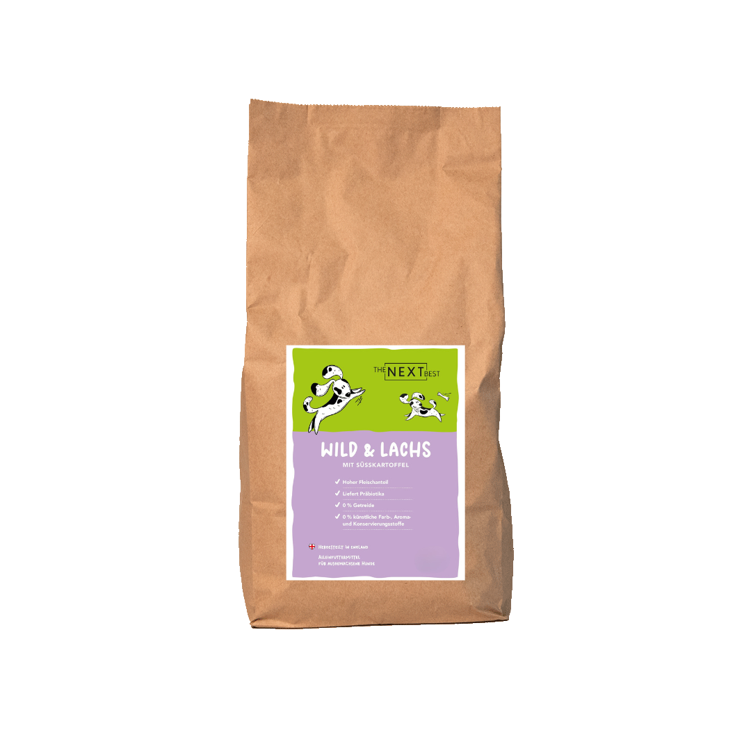 Großer brauner Futtersack von The Next Best mit der Sorte Wild & Lachs und Süßkartoffel. Hochwertiges Hundefutter mit hohem Fleischanteil, ohne Getreide, künstliche Farb-, Aroma- und Konservierungsstoffe.