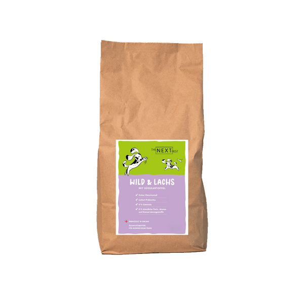 Großer brauner Futtersack von The Next Best mit der Sorte Wild & Lachs und Süßkartoffel. Hochwertiges Hundefutter mit hohem Fleischanteil, ohne Getreide, künstliche Farb-, Aroma- und Konservierungsstoffe.