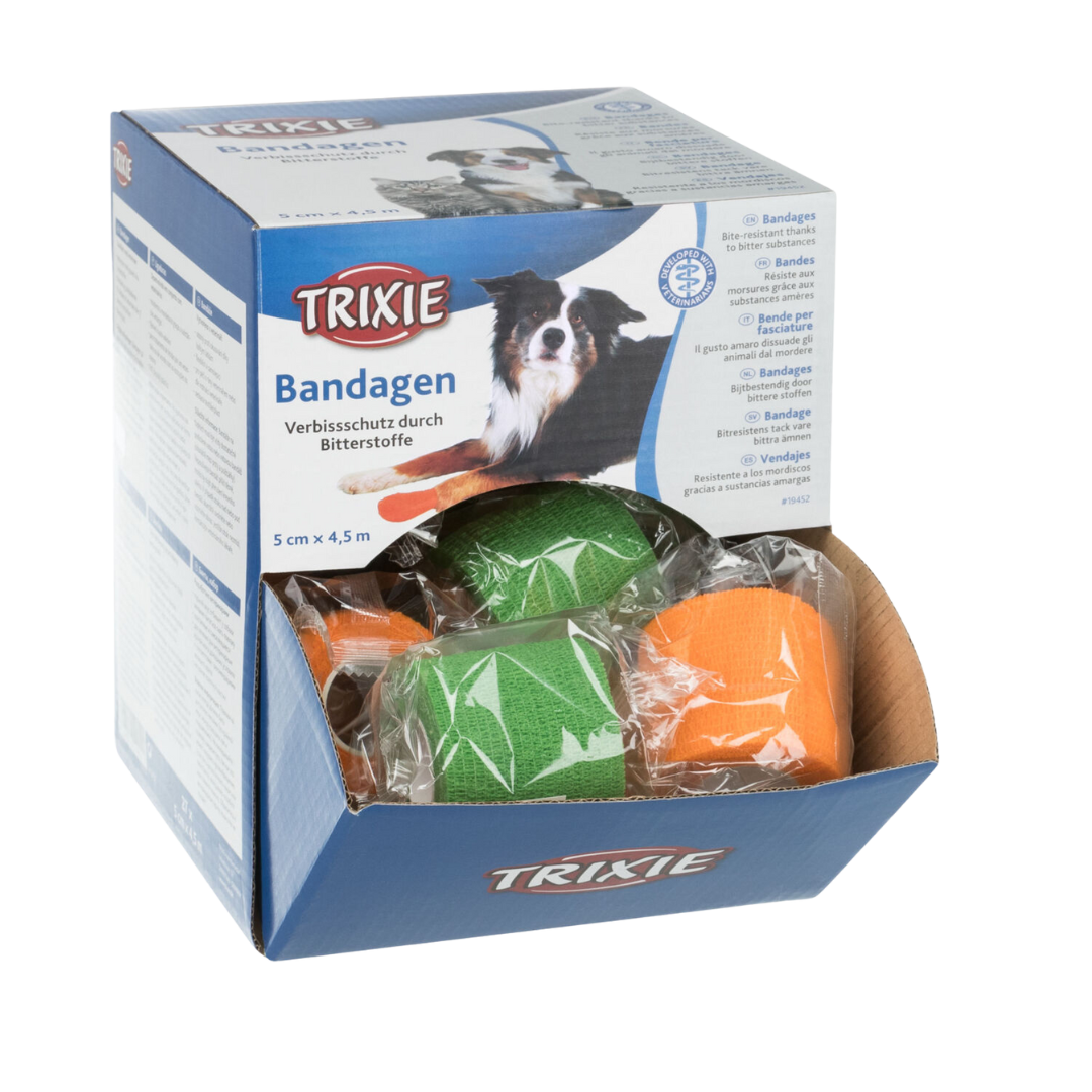 Verpackung der Marke Trixie mit zwei grünen und einer orangefarbenen Bandage, 5 cm breit und 4,5 m lang, zum Verbissschutz durch Bitterstoffe.