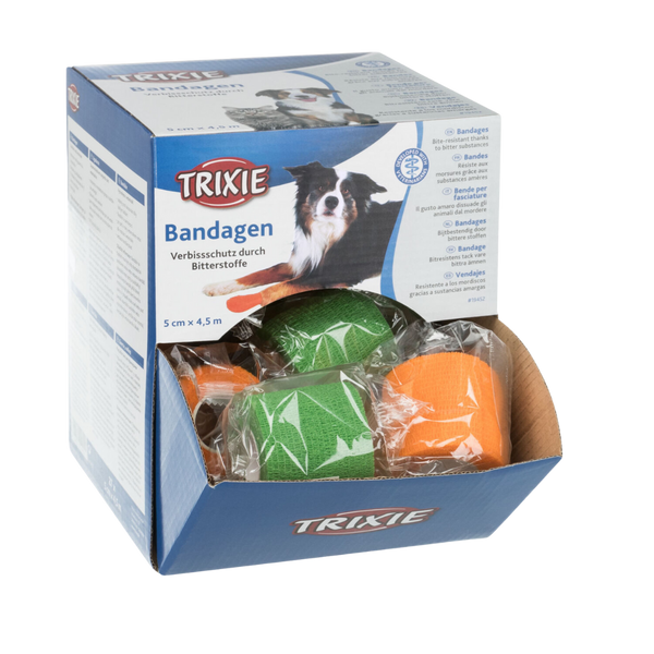 Verpackung der Marke Trixie mit zwei grünen und einer orangefarbenen Bandage, 5 cm breit und 4,5 m lang, zum Verbissschutz durch Bitterstoffe.