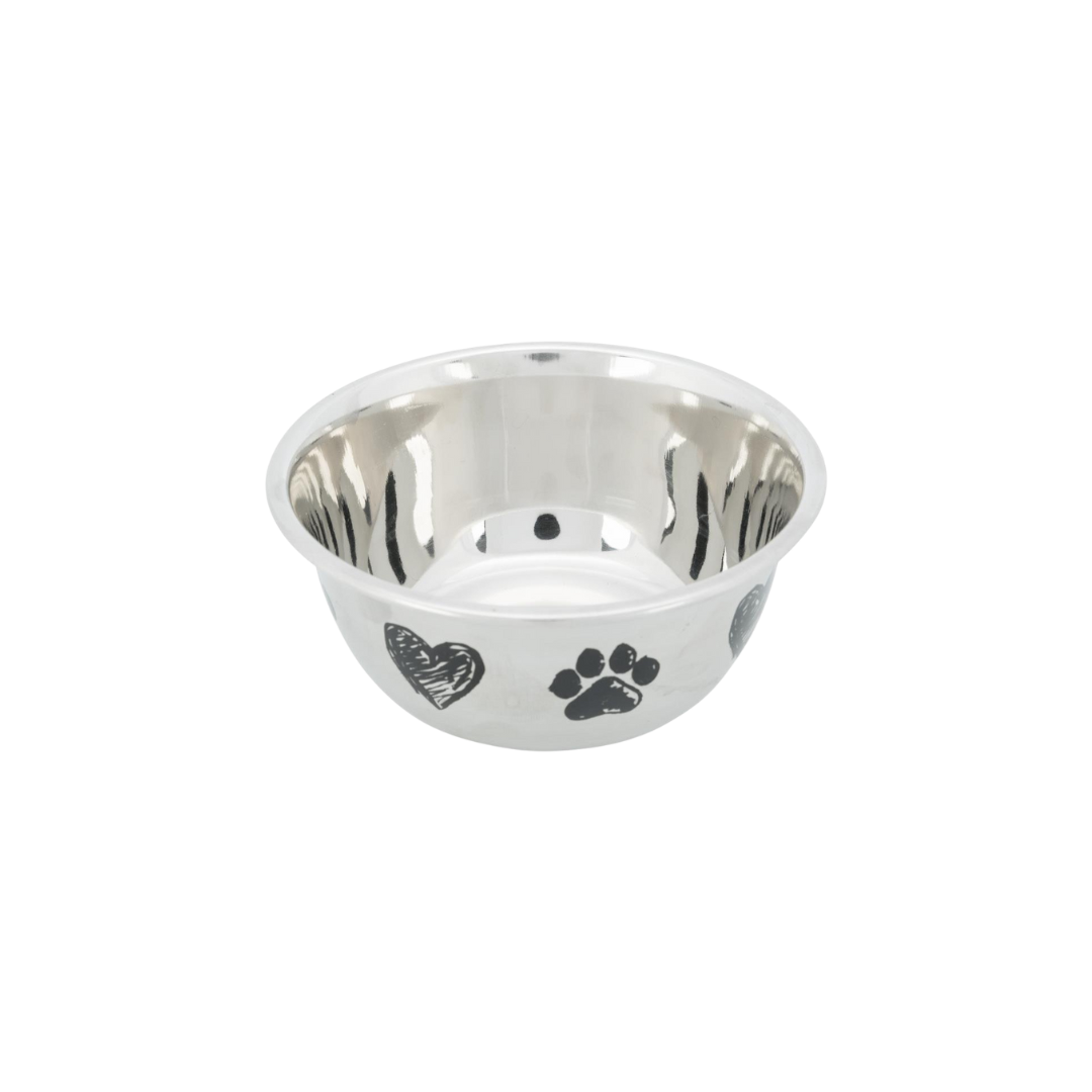 Runder Edelstahlnapf mit schwarzen Herz- und Pfotenabdrücken auf der Außenseite, glänzend und reflektierend.