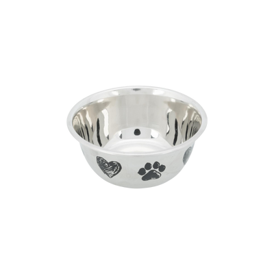 Runder Edelstahlnapf mit schwarzen Herz- und Pfotenabdrücken auf der Außenseite, glänzend und reflektierend.