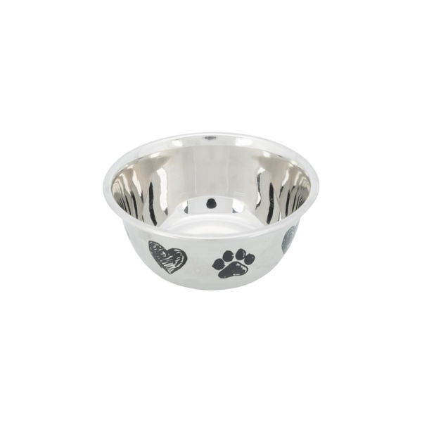 Runder Edelstahlnapf mit schwarzen Herz- und Pfotenabdrücken auf der Außenseite, glänzend und reflektierend.