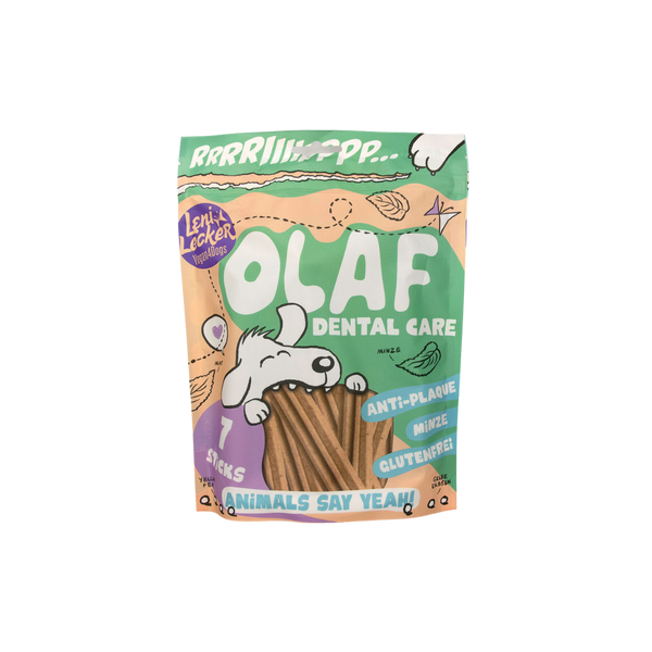 Verpackung von 'OLAF DENTAL CARE' mit Minze, 250g. Enthält 7 Sticks, zeigt einen cartoonhaften Hund und den Text 'ANTI-PLAQUE', 'GLUTENFREI'.