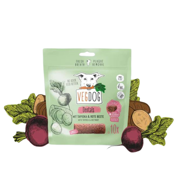 Verpackung von Vegdog Dentals, vegetarische Hundekauartikel mit Tapioka und Roter Beete, grün mit Hundekopf-Logo und Gemüsesymbolen, 120 g, 10 Stück.