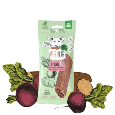 Verpackung von Vegdog Dentals XL, vegetarische Hundekauartikel mit Tapioka und Roter Beete, grün mit Hundekopf-Logo und Gemüsesymbolen
