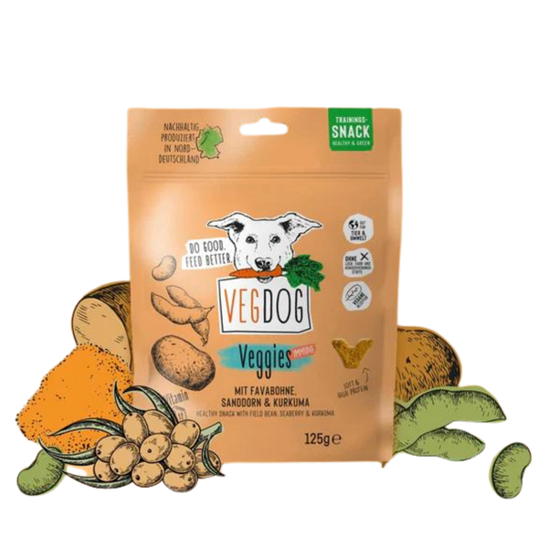 Verpackung von Vegdog Veggies Immune Hundesnack mit Abbildung eines Hundekopfes, Text 'Do good. Feed better', Zutaten wie Fava-Bohne, Sanddorn und Kurkuma, 125 g.