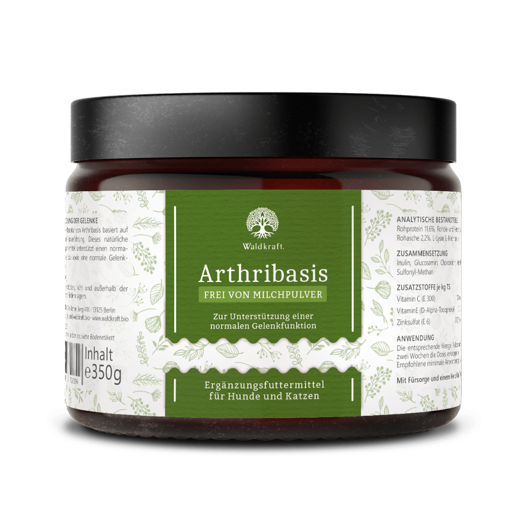 Braunes Glasgefäß mit schwarzem Deckel, grünem Etikett und weißer Schrift, zeigt Produktname 'Arthribasis' von Waldkraft, Ergänzungsfuttermittel für Hunde und Katzen, 350 g.