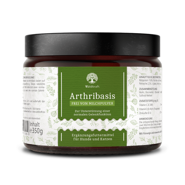 Braunes Glasgefäß mit schwarzem Deckel, grünem Etikett und weißer Schrift, zeigt Produktname 'Arthribasis' von Waldkraft, Ergänzungsfuttermittel für Hunde und Katzen, 350 g.