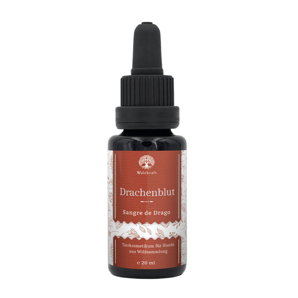 Braunes Glasgefäß mit schwarzer Pipette, rotem Etikett und weißer Schrift, zeigt Produktname 'Drachenblut' von Waldkraft, Tierkosmetik für Hunde 20ml