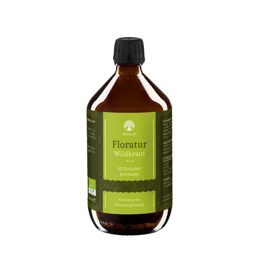 Braunes Glasgefäß mit schwarzem Deckel, grünem Etikett und weißer Schrift, zeigt Produktname 'Floratur Wildkräuter' von Waldkraft, Probiotische Futterergänzung.