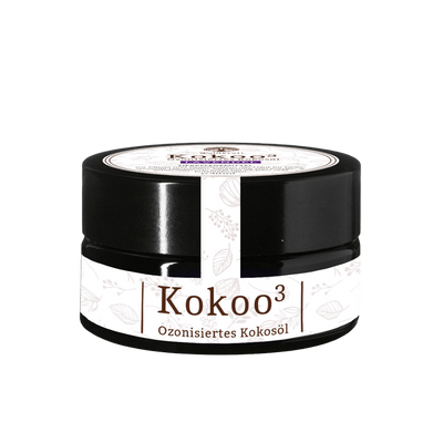 Schwarzes Kunststoffglas mit Weißem Etikett, Aufschrift 'Kokoo3 Ozonisiertes Kokosöl'.