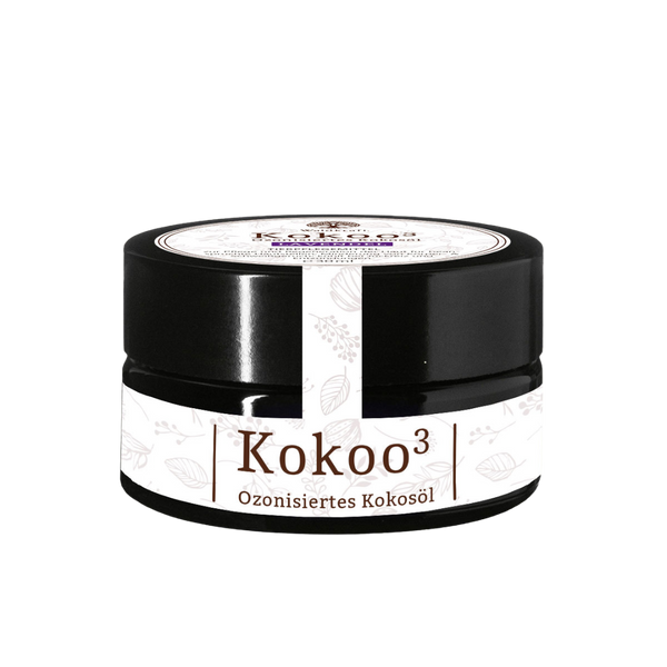 Schwarzes Kunststoffglas mit Weißem Etikett, Aufschrift 'Kokoo3 Ozonisiertes Kokosöl'.