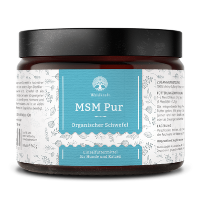 Braunes Glasgefäß mit schwarzem Deckel, blauem Etikett und weißer Schrift, zeigt Produktname 'MSM pur' von Waldkraft, Ergänzungsfuttermittel für Hunde und Katzen, 360 g.