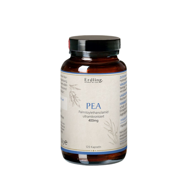 Braune Glasflasche mit schwarzem Deckel, beschriftet mit 'PEA Palmitoylethanolamid ultramikronisiert 400mg', enthält 120 Kapseln.
