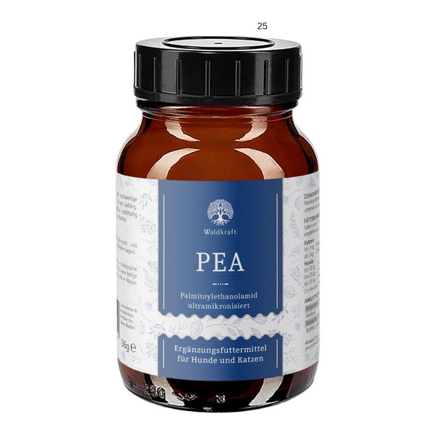 Braunes Glasgefäß mit schwarzem Deckel, blauem Etikett und weißer Schrift, zeigt Produktname 'PEA' von Waldkraft, Ergänzungsfuttermittel für Hunde und Katzen, 36 g.