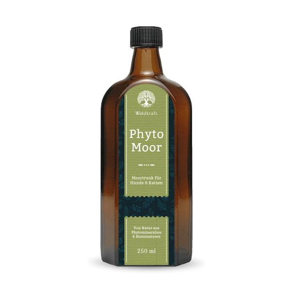 Braunes Glasgefäß mit schwarzem Deckel, grünem Etikett und weißer Schrift, zeigt Produktname 'PhytoMoor' von Waldkraft, Ergänzungsfuttermittel für Hunde und Katzen, 250ml.