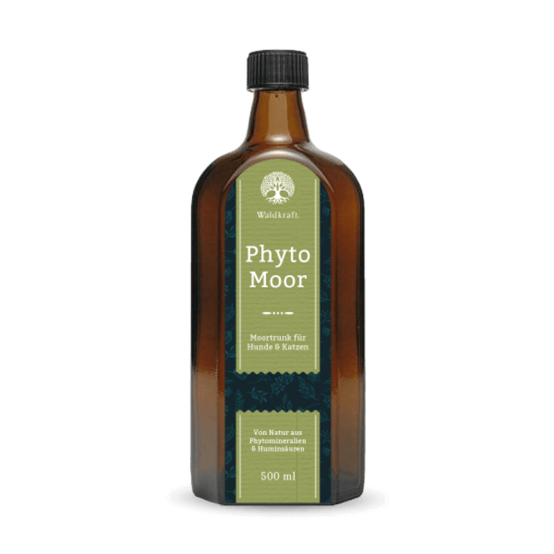 Braunes Glasgefäß mit schwarzem Deckel, grünem Etikett und weißer Schrift, zeigt Produktname 'PhytoMoor' von Waldkraft, Ergänzungsfuttermittel für Hunde und Katzen, 500ml.