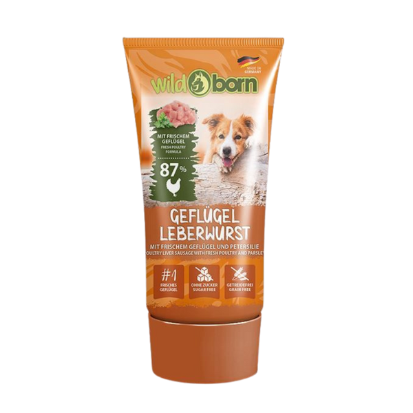 Braune Tube Wildborn Geflügel Leberwurst mit Bild eines Hundes, Text zu 87% frischem Geflügel, ohne Zucker und getreidefrei.