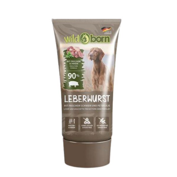 Braune Tube Wildborn Schwein Leberwurst mit Bild eines Hundes, Text zu 90% frischem Schwein, ohne Zucker und getreidefrei.