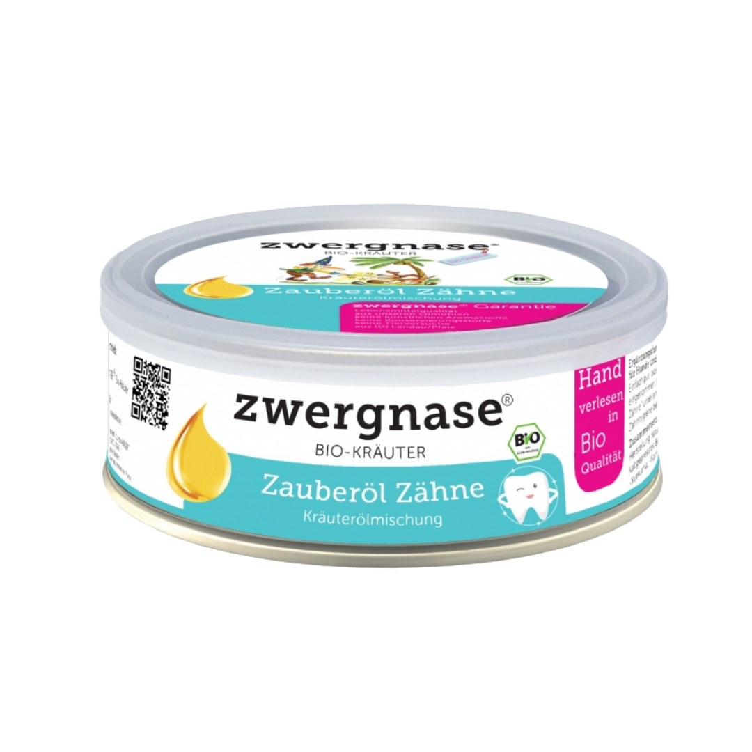 Dose mit Zwergnase Bio-Kräuter Zauberöl Zähne, Kräuterölmischung, 140 ml, mit Zahnmotiv und Bio-Siegel