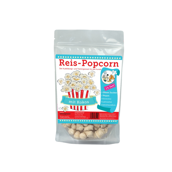Transparenter Beutel mit Reis-Popcorn für Hunde, rot-weiß gestreifte Popcorn-Illustration, Text 'Reis-Popcorn mit Kokos', blaue Infofelder mit Produktvorteilen.