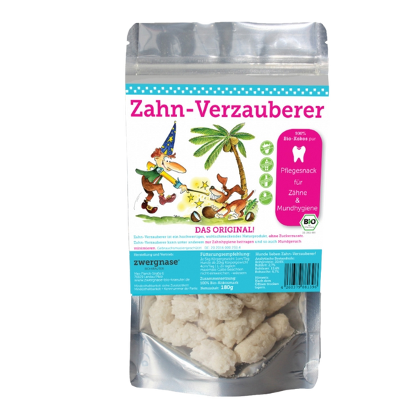 Verpackung von Zwergnase Zahn-Verzauberer Kokos Pur, 180 g, mit Illustration eines Zauberers und Hundes, Text zu Zahnpflege und Bio-Kokos.