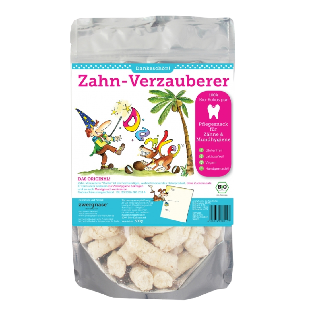 Verpackung von Zwergnase Zahn-Verzauberer Kokos Pur, 500 g, mit Illustration eines Zauberers und Hundes, Text zu Zahnpflege und Bio-Kokos.
