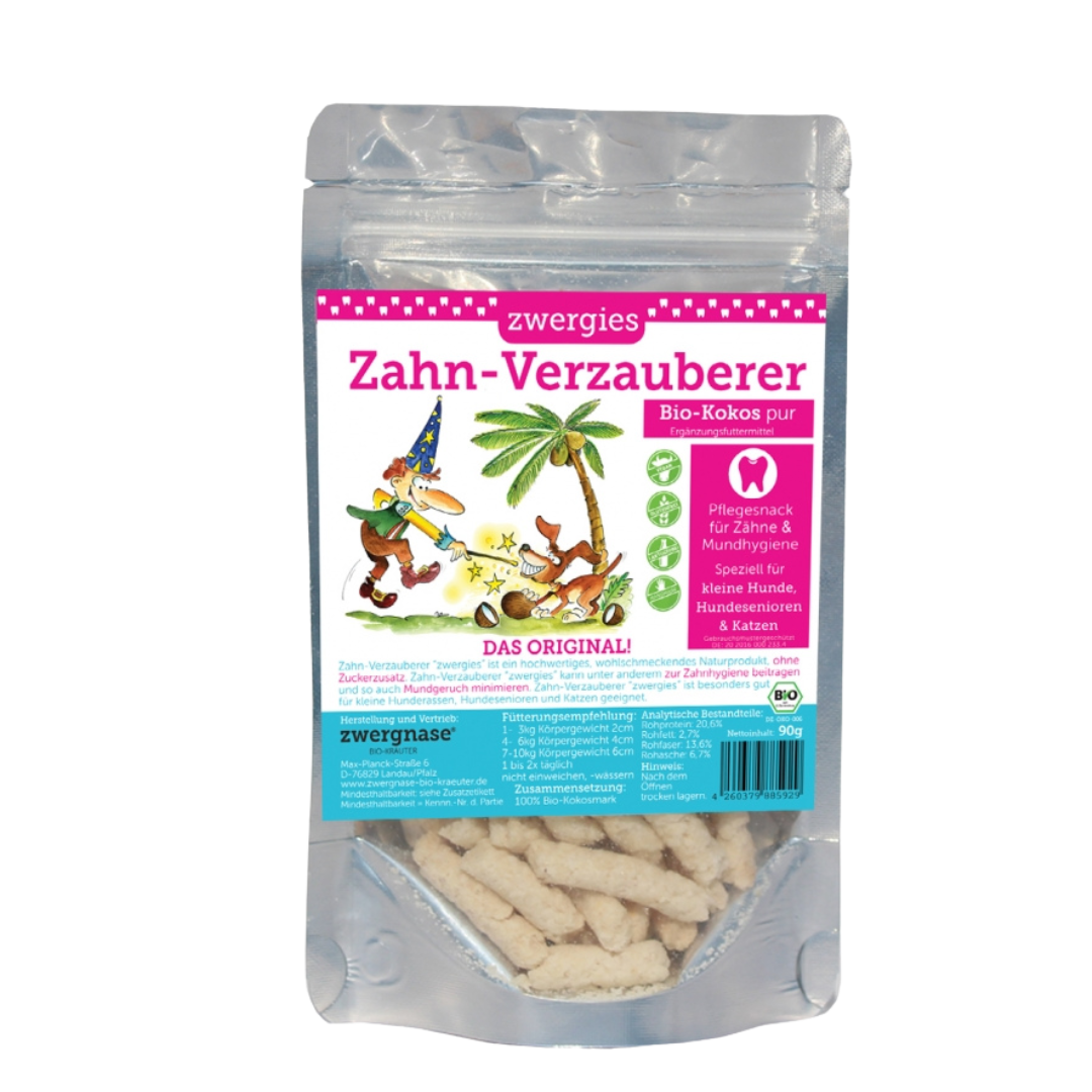 Verpackung von Zwergnase Zahn-Verzauberer Kokos Pur, 90 g, mit Illustration eines Zauberers und Hundes, Text zu Zahnpflege und Bio-Kokos.