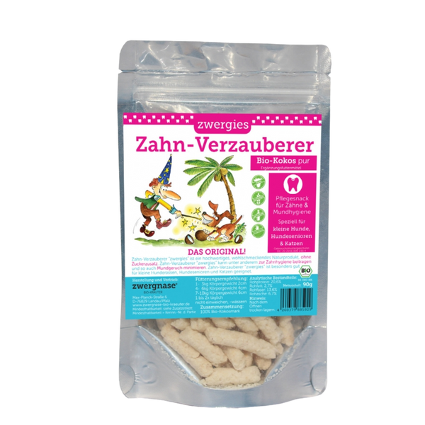 Verpackung von Zwergnase Zahn-Verzauberer Kokos Pur, 90 g, mit Illustration eines Zauberers und Hundes, Text zu Zahnpflege und Bio-Kokos.